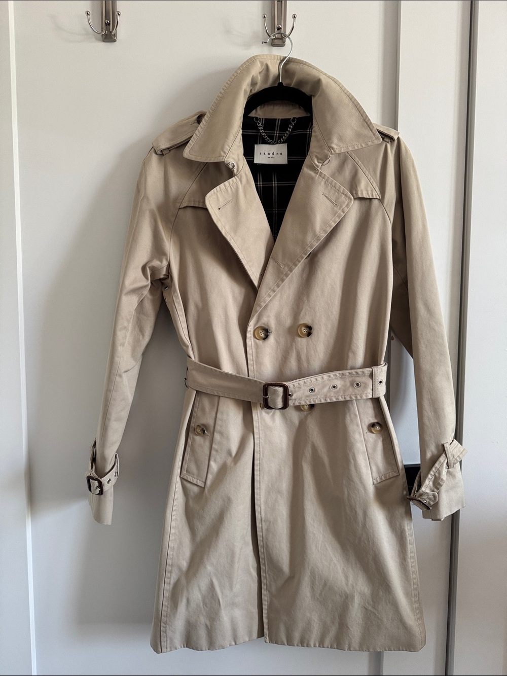 Vintage Sandro Light Beige Double-Breasted Trench Coat with Belt